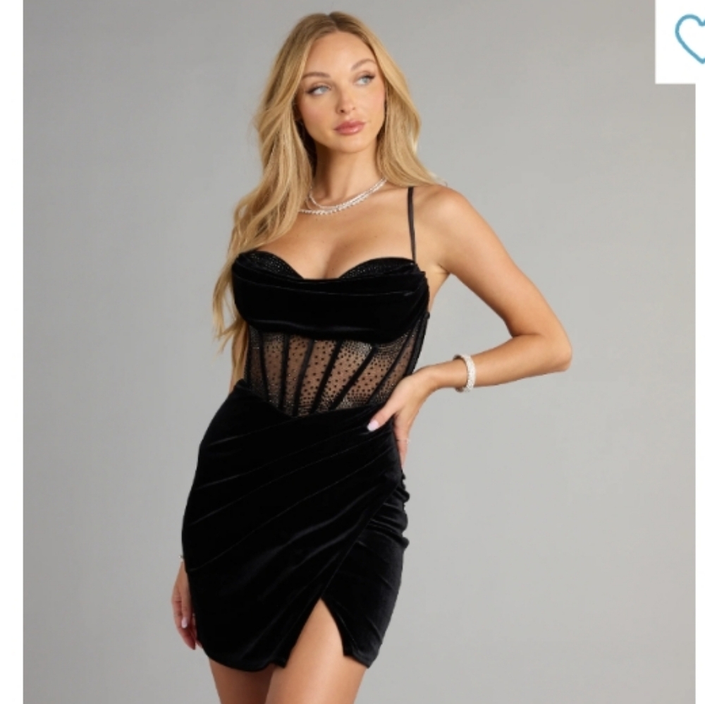 Windsor Black Velvet and Mesh Mini Dress